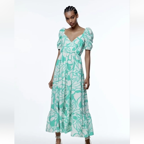 Zara 100% cotton floral print poplin sleeves midi dress - Picture 3 of 5